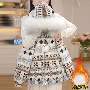 女童冬装羊羔绒连帽毛领棉服加绒加厚撞色拼接卫衣保暖棉袄外套潮