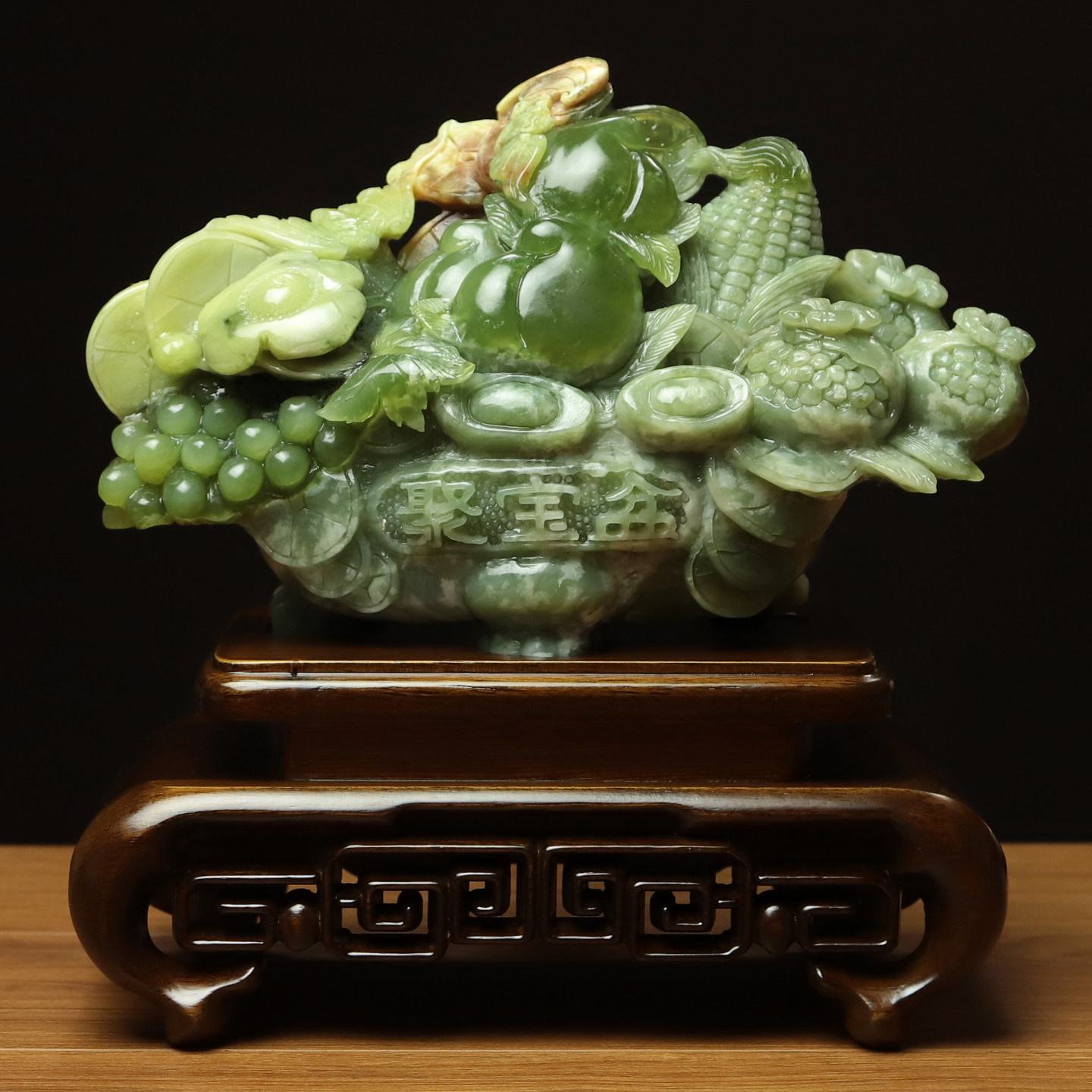 尚品美格 天然玉石岫玉桌面摆件花玉整料精雕聚宝盆高端礼品FA427