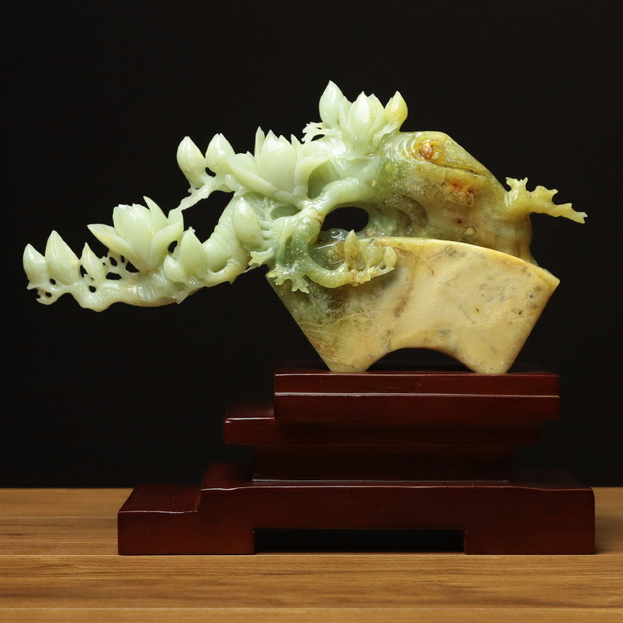 尚品美格 天然岫玉摆件 花玉原石原石精雕玉兰富贵花鸟 礼品EA184