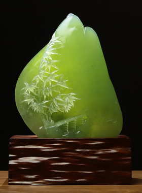 尚品美格天然岫玉180料摆件绿料原石原色精雕玉竹节节高孤品EA033