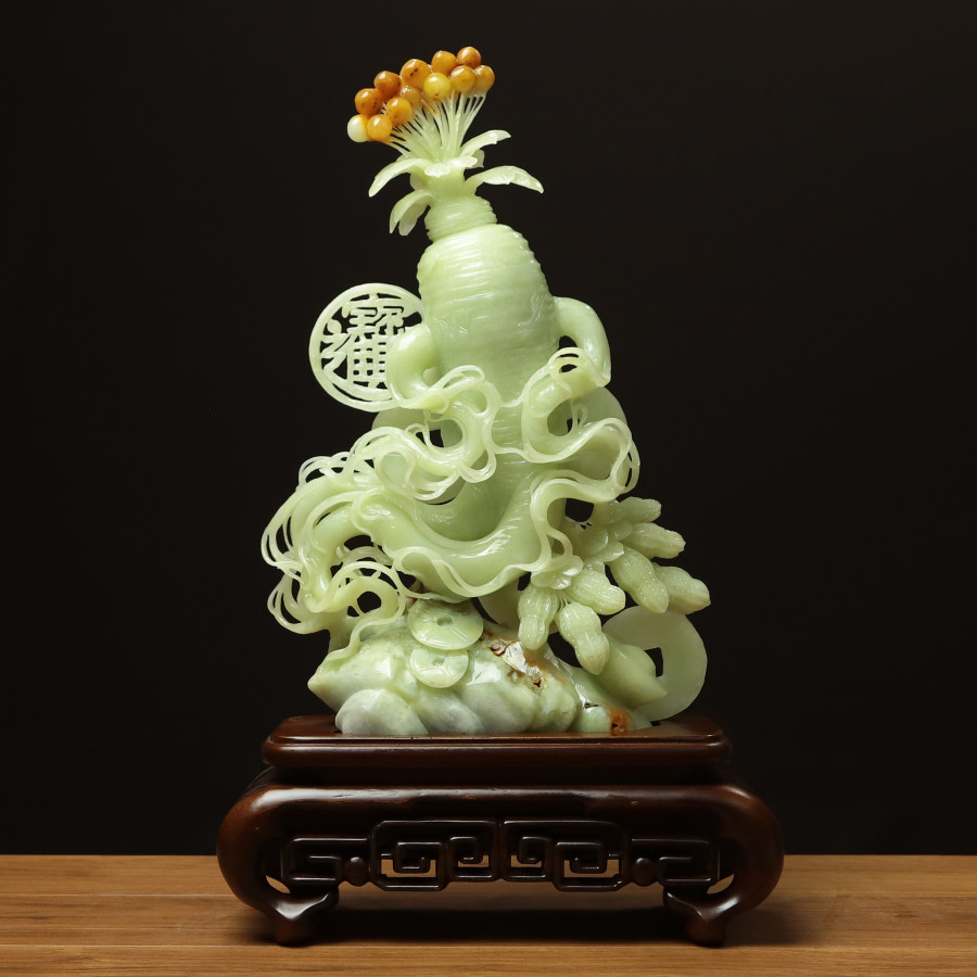 尚品美格 天然岫玉摆件 花玉原石原色精雕人参财不离身 礼品EA678