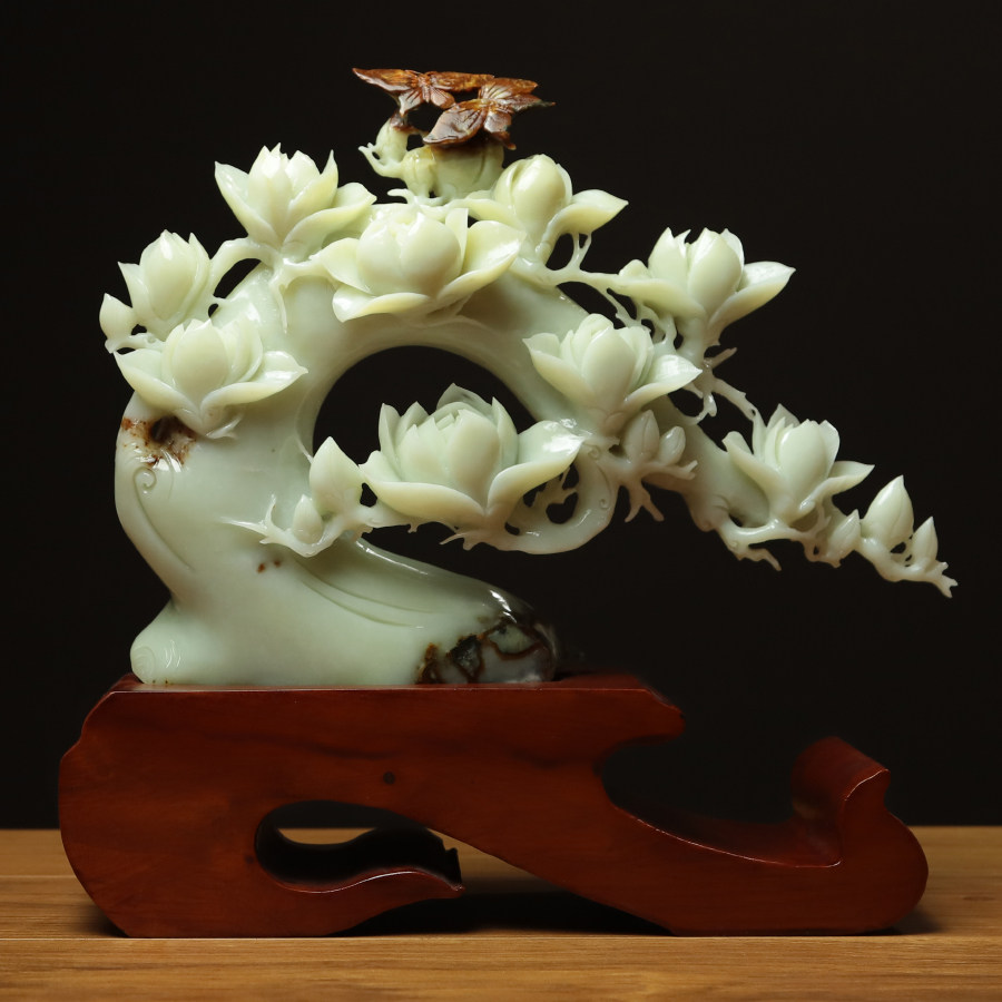 尚品美格 天然玉石岫玉摆件 花玉原色手雕花卉玉兰富贵 礼品EA318