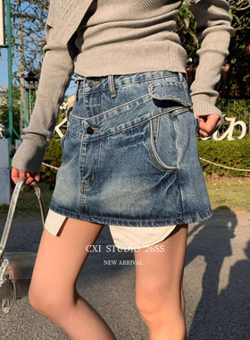 春季新款辣妹防走光牛仔短裙女复古低腰显瘦包臀A字裙裤半身裙