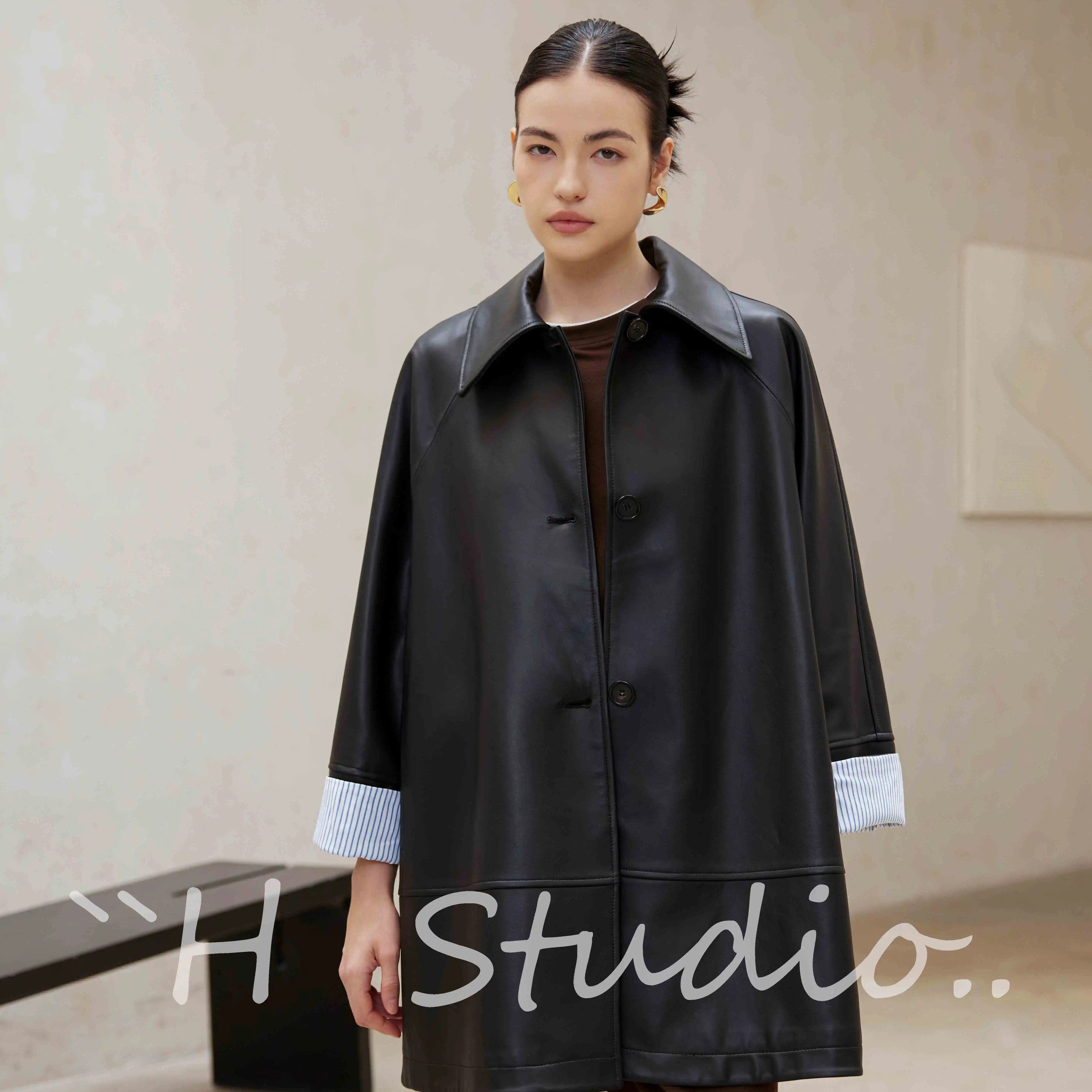 H STUDIO2024秋轻奢老钱风A版翻领单排扣中长超软进口棉羊皮皮衣