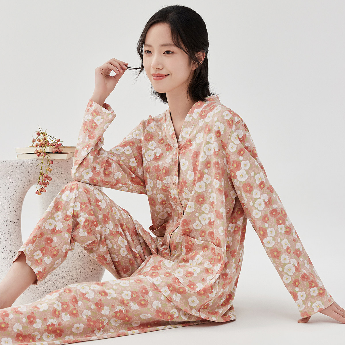 顶呱呱睡衣女显瘦纯棉长袖春夏休闲顶呱呱休闲印花对襟家居服套装