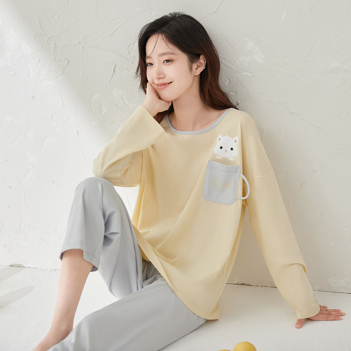 顶瓜瓜纯棉睡衣女款春夏薄款长袖卡通猫咪大码家居服套装韩版睡衣