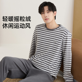 顶瓜瓜男士秋冬条纹摇粒绒家居服宽松套装顶呱呱套头长袖长裤睡衣