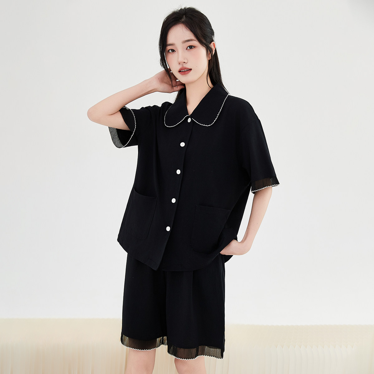 顶瓜瓜女士纯棉黑色开襟家居服套装顶瓜瓜短袖短裤纯色小香风睡衣