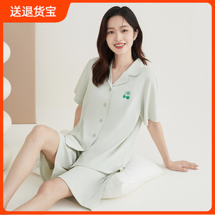 纯色宽松休闲家居服 顶瓜瓜开襟翻领夏季 睡衣套装 女顶呱呱短袖 短裤