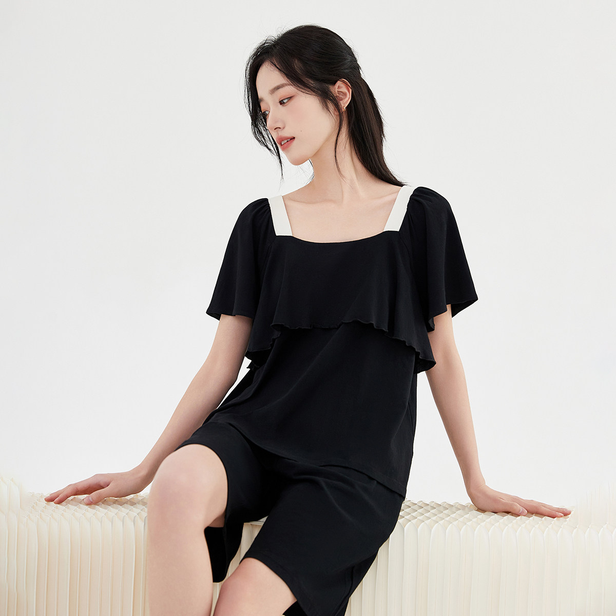 顶瓜瓜女士纯棉方领家居服套装