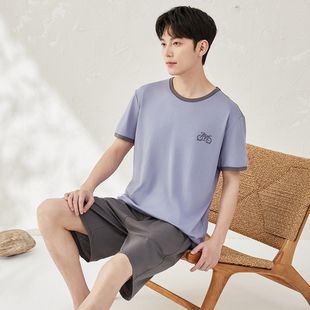 顶瓜瓜男士纯棉宽松纯色套头短袖短裤顶呱呱柔软可外穿睡衣套装男