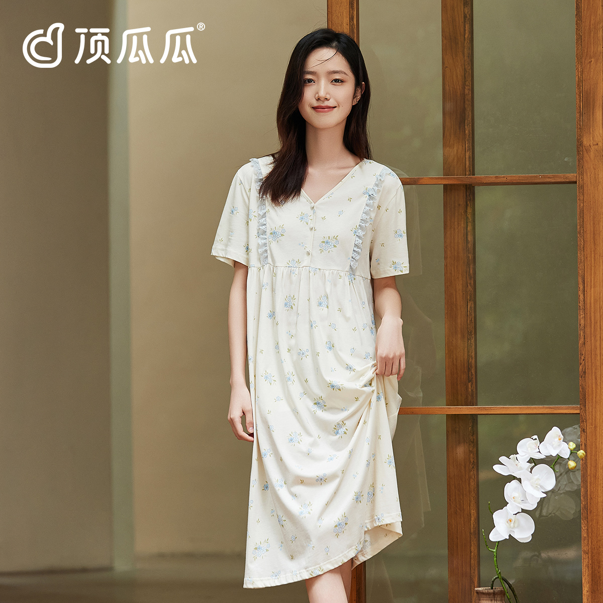 顶瓜瓜夏季套头V领女士纯棉睡裙柔软自然亲肤顶呱呱蕾丝花边显瘦