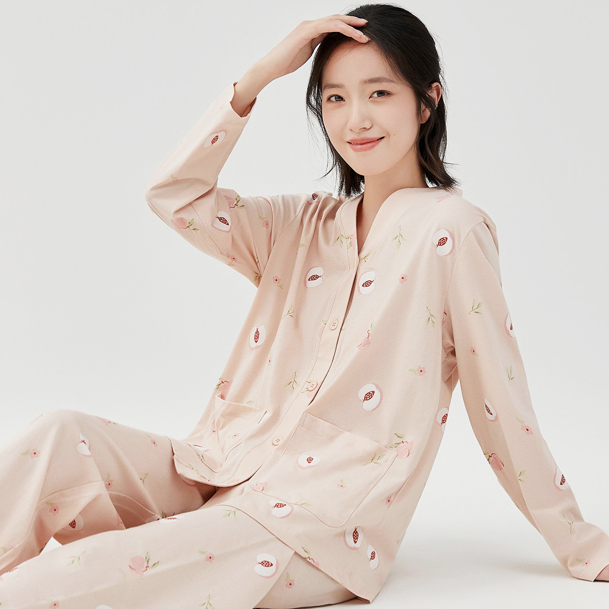 顶瓜瓜纯棉女士家居服套装春秋款顶呱呱桃桃印花长袖长裤开襟百搭