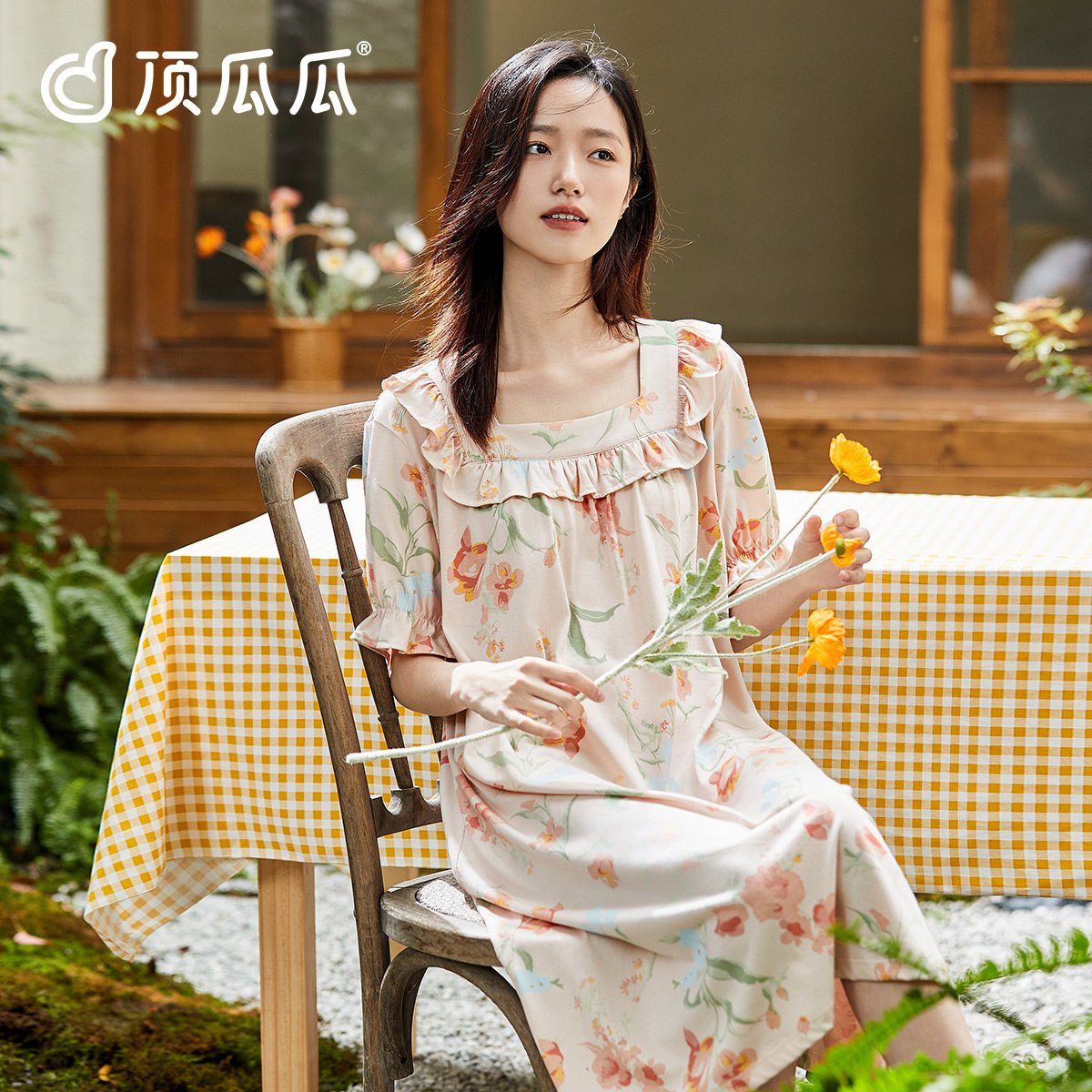 顶瓜瓜女士木耳边方领套头短袖纯棉睡裙顶呱呱清新印花裙子可外穿
