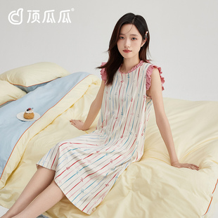 条纹 顶瓜瓜女士夏季 套头圆领无袖 花边中长裙短袖 睡裙顶呱呱薄款