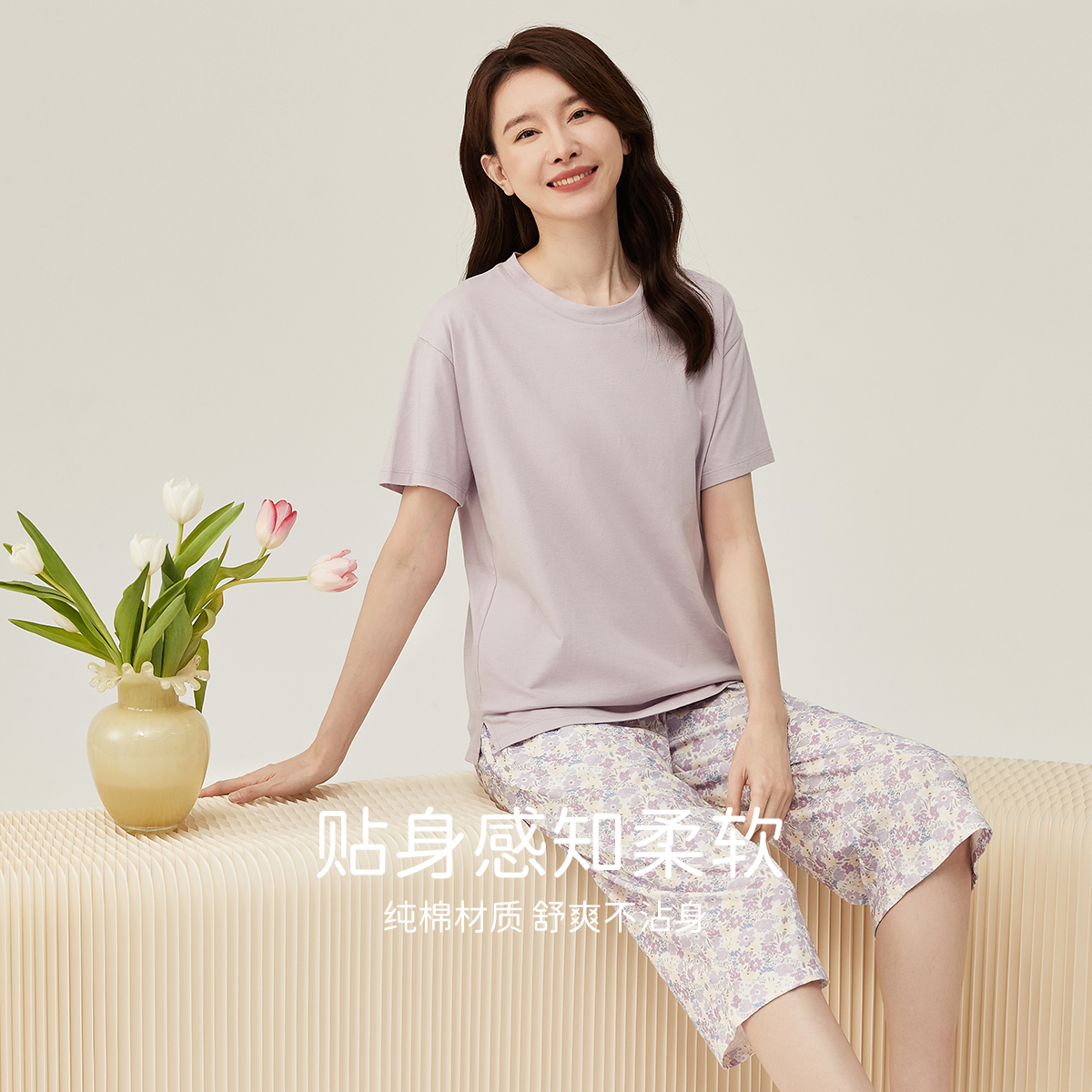 睡衣女夏纯棉短袖护膝七分裤空调房家居服套装宽松顶呱呱薄款印花