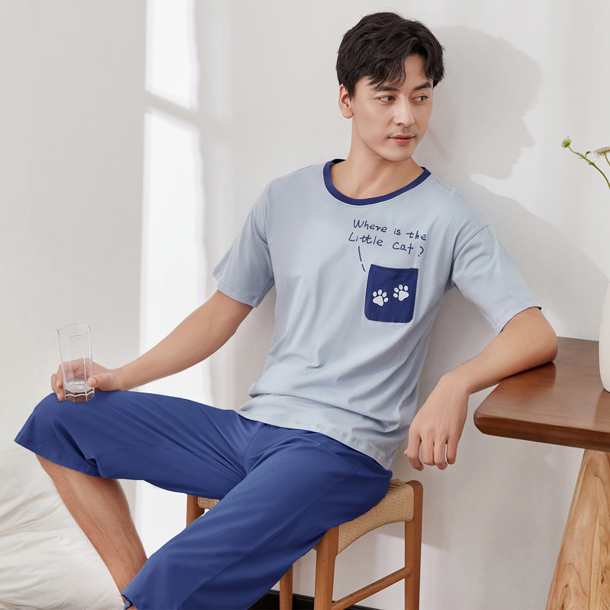顶呱呱顶瓜瓜男士纯棉短袖睡衣夏季薄款全棉圆领七分裤家居服套装