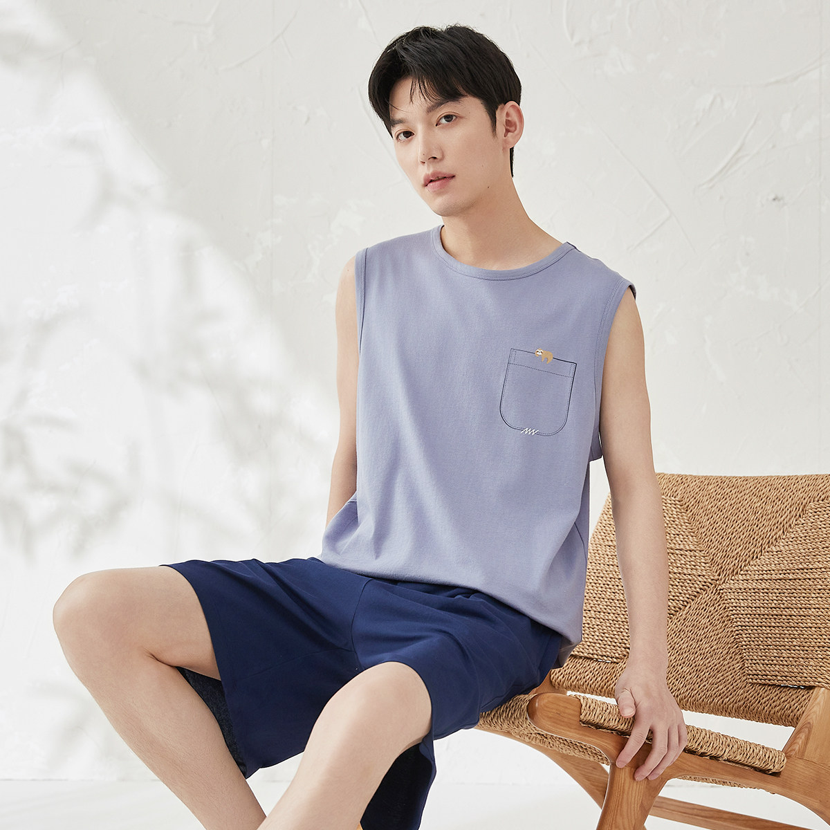 顶呱呱情侣睡衣男夏季纯棉无袖短裤顶瓜瓜套装背心休闲男士家居服