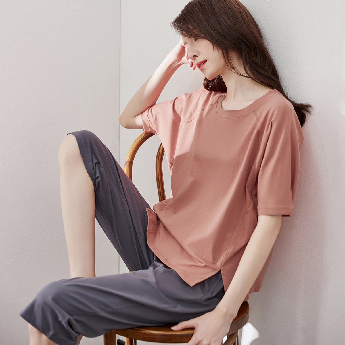 顶瓜瓜女士夏季新品短袖七分裤纯色家居服套装顶呱呱纯棉薄款睡衣
