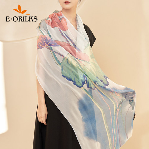 eorilks桑蚕丝女长丝巾手工卷边