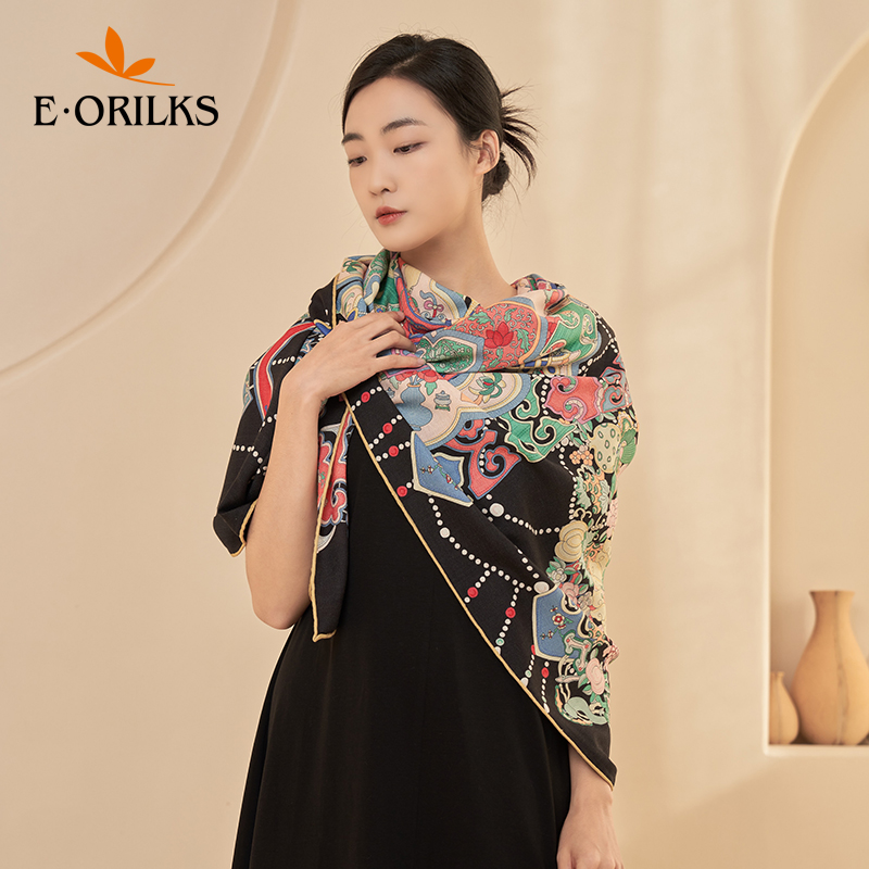 eorilks双面印花丝毛围巾披肩
