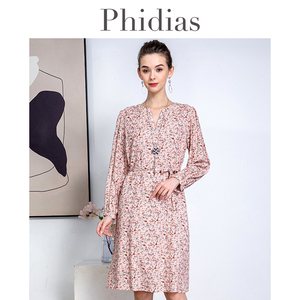 Phidias法式复古碎花连衣裙春新款宽松大码女装时尚长袖裙子