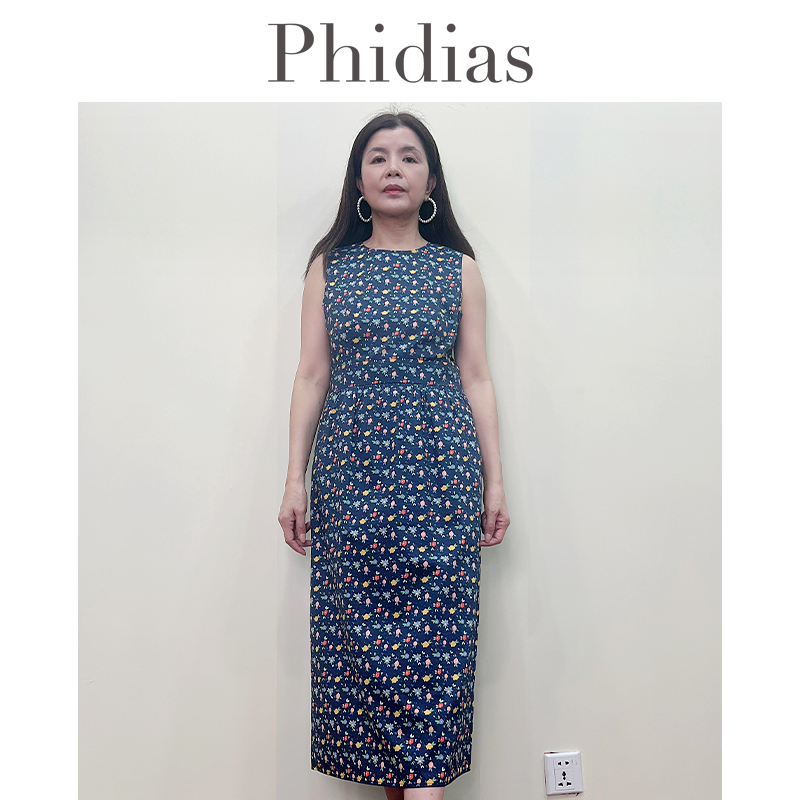 Phidias蓝色小碎花无袖背心连衣裙女2025夏新款商场同款显瘦裙子