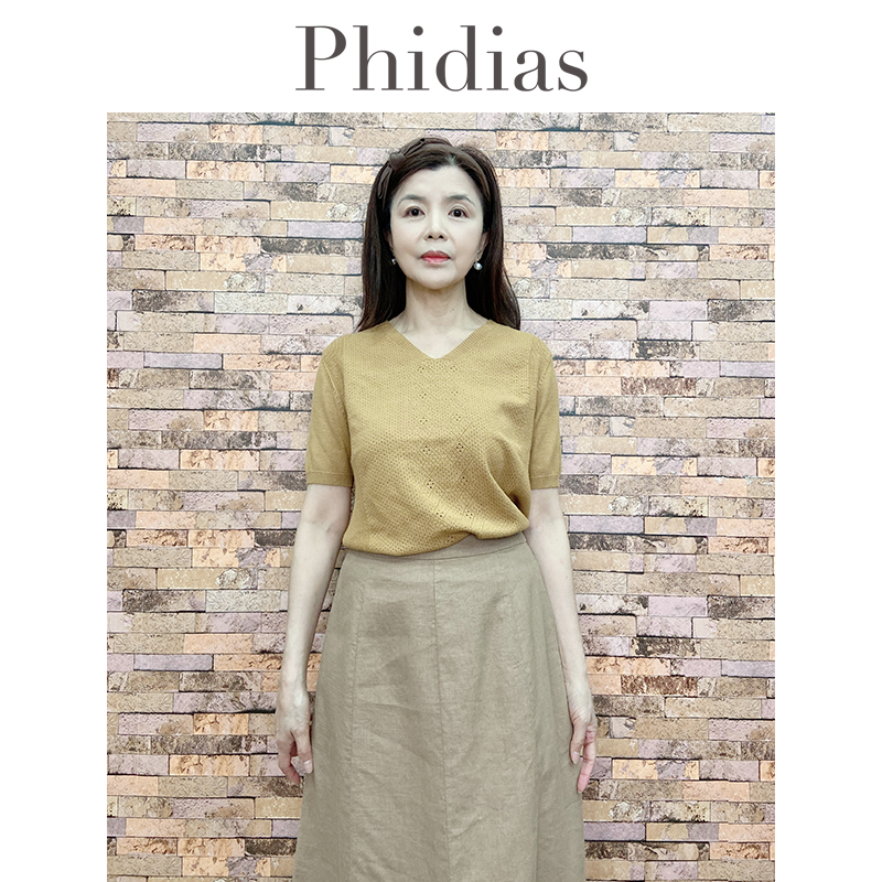 PhidiasV领短袖针织衫女2024夏新款洋气遮肚修身显瘦薄款毛衣上衣