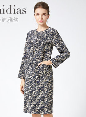 Phidias新款秋冬季灯芯绒碎花连衣裙别致高级感中长款裙子