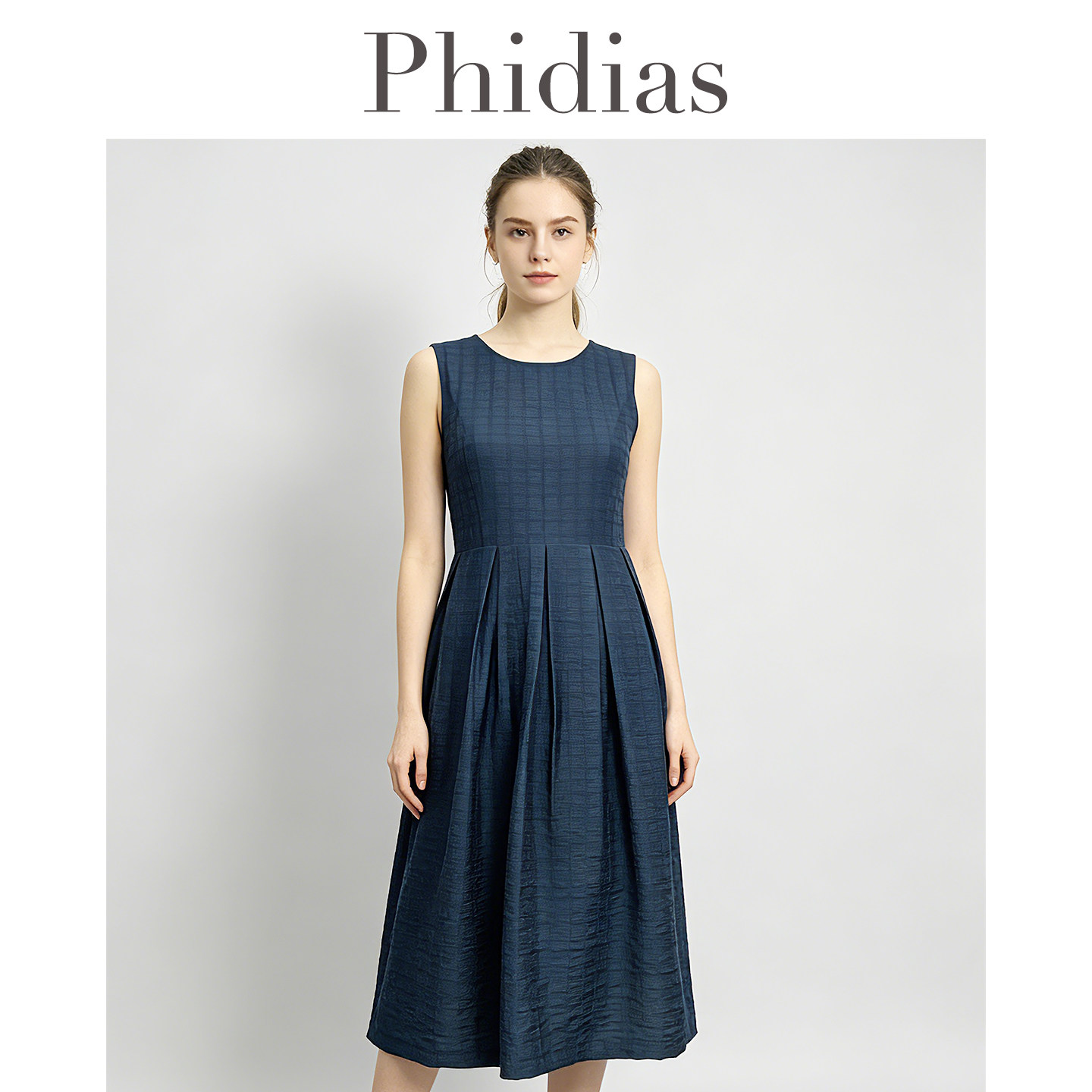 Phidias蓝色格纹无袖连衣裙女夏季2025新款法式收腰漂亮背心裙子