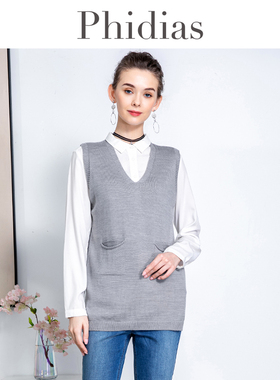 Phidias背心无袖毛衣女春新款宽松大码女装v领宽松显瘦针织衫