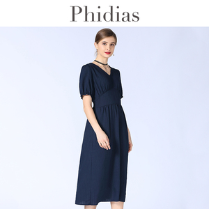 Phidias纯色V领套头中长款连衣裙2025年春夏新款大码女装短袖裙子