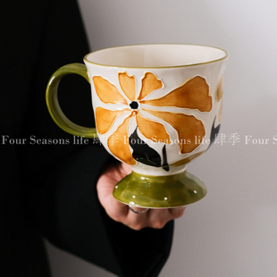 复古手绘浮雕芭蕉马克杯大容量水杯中古风陶瓷杯小众高颜值礼物