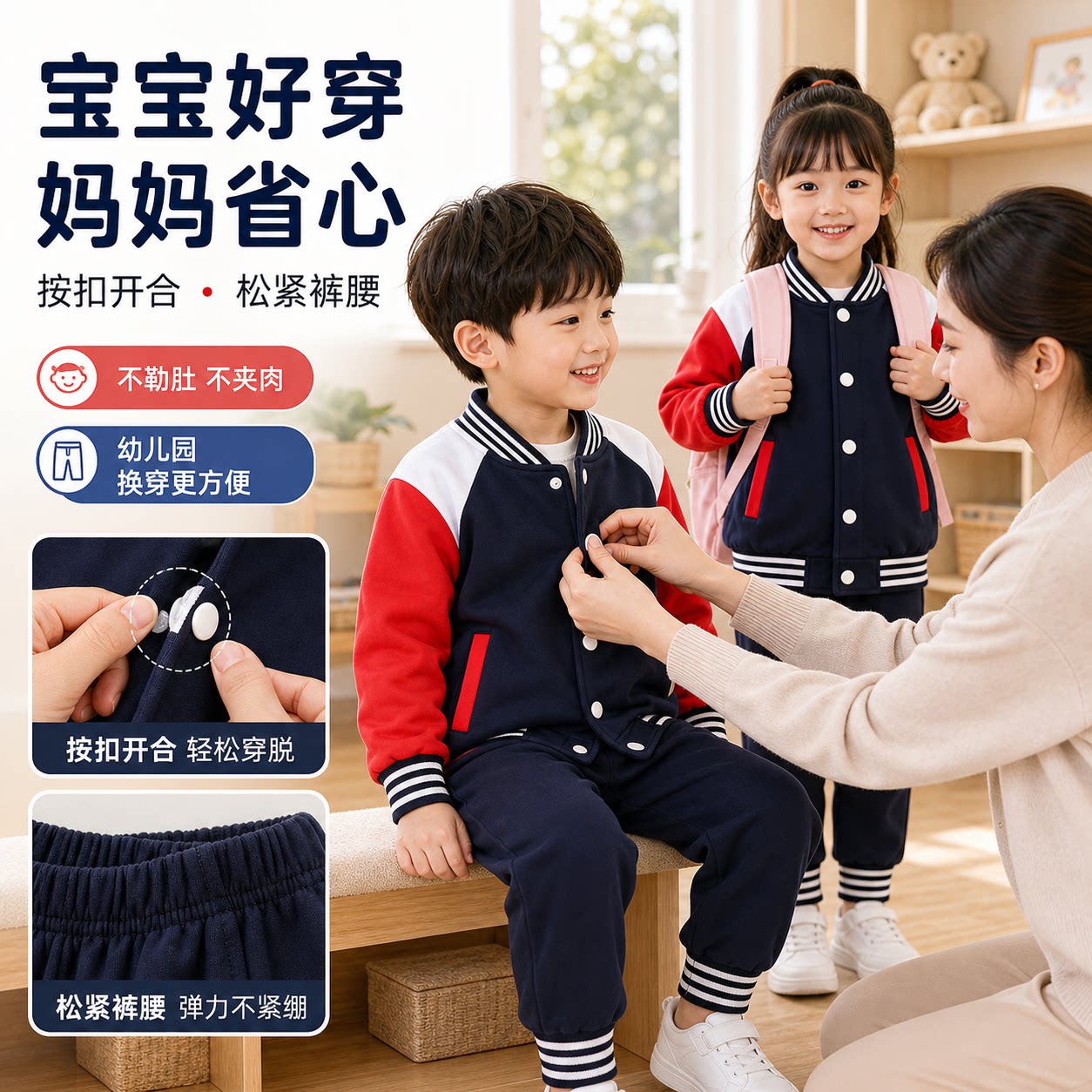 女童套装2026新款冬季男童外套束脚裤撞色儿童两件套幼儿园班园服