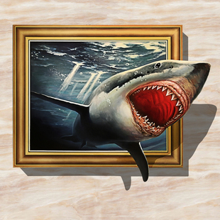 3D画馆画展墙画壁纸墙贴立体三维涂鸦设计定制锯齿凶险恶血口狂鲨