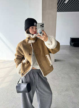 「女装」-秋冬-立领仿皮毛一体外套宽松保暖短大衣夹克（S-M）