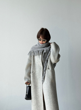 「女装」-秋冬-绵羊毛韩系气质双面呢大衣配围巾保暖（均码）