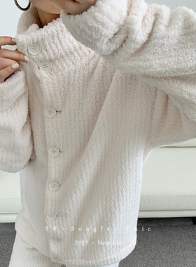 「女装」-秋冬-加厚半边绒弹力坑条高领加绒保暖家居服睡衣（F）
