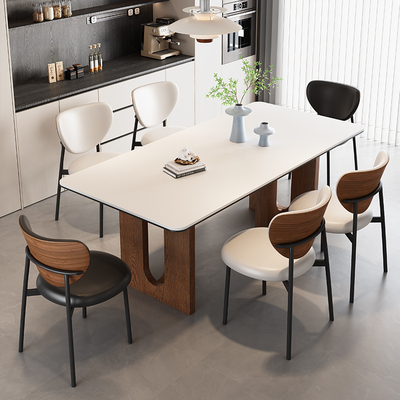 实木小户型意式极简纯白岩板长方形餐桌椅组合家用现代简约饭桌子