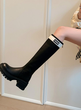 2025年秋冬显瘦骑士靴粗腿高筒靴字母辣妹真皮厚底内增高长靴