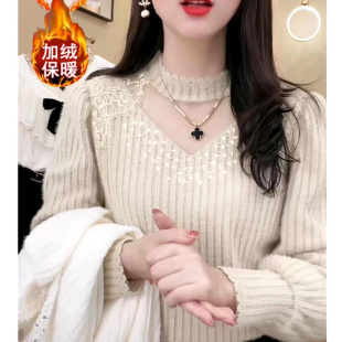 高级感轻奢加绒镶钻蕾丝打底衫半高领女2025秋冬显瘦保暖毛衣上衣