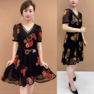 胖mm遮肚显瘦中长款 高档烫钻蕾丝花边连衣裙大码 a字裙子 短袖 夏季