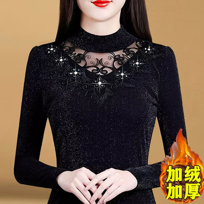 长袖加绒加厚花边蕾丝女打底衫