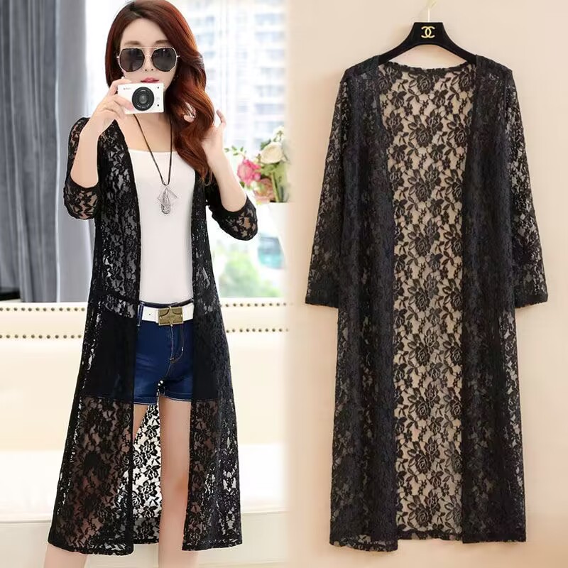 夏长袖蕾丝镂空防晒衣女中长款薄款空调开衫外搭宽松披肩外套上衣