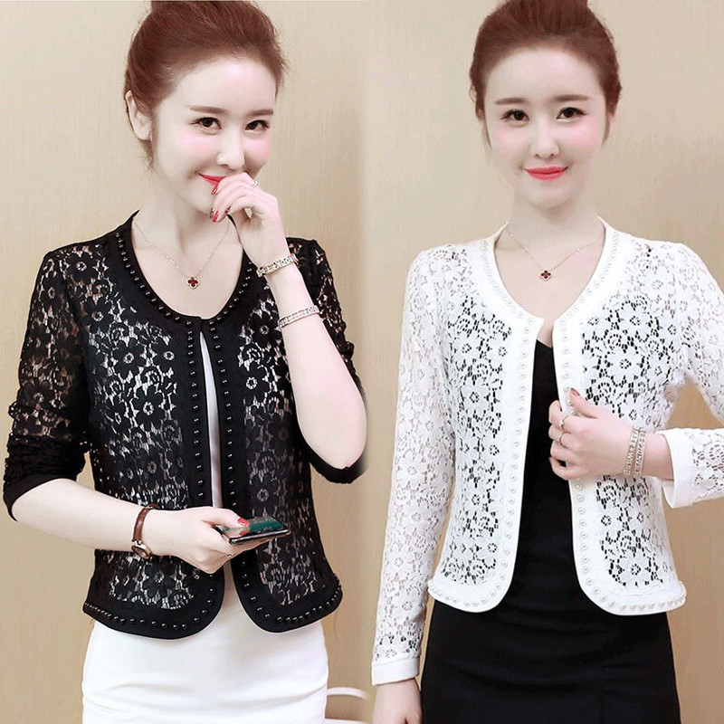 夏季钉珠薄款外搭配旗袍吊带裙蕾丝小披肩中年妈妈短款防晒衣开衫