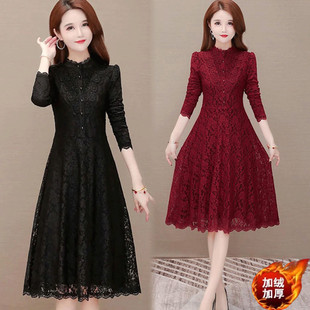 加绒胖mm蕾丝连衣裙秋冬大码 减龄收腰显瘦打底a字裙子 中长裙时尚