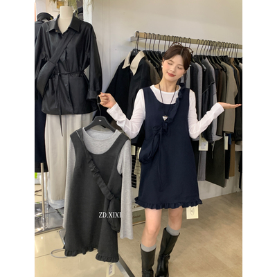 ZD档口直发！秋打底衫+温柔氛围感木耳边背心连衣裙套装(配包包