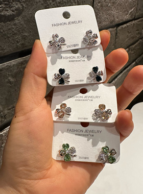 古丽银针绿色高级感幸运草小巧精致耳钉女时尚小花日常百搭00337