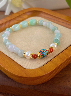 古丽古丽S925纯银景泰蓝淡水珍珠玛瑙轻奢风高级感翡翠手链01140