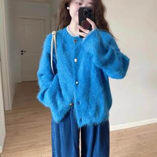韩版高级感软糯克莱因蓝色针织开衫机能风辣妹长袖时尚毛衣外套女